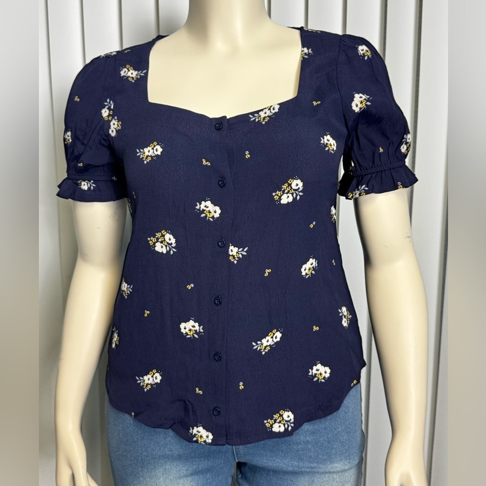 Elodie Navy Floral Button Front Rayon Blouse Size M